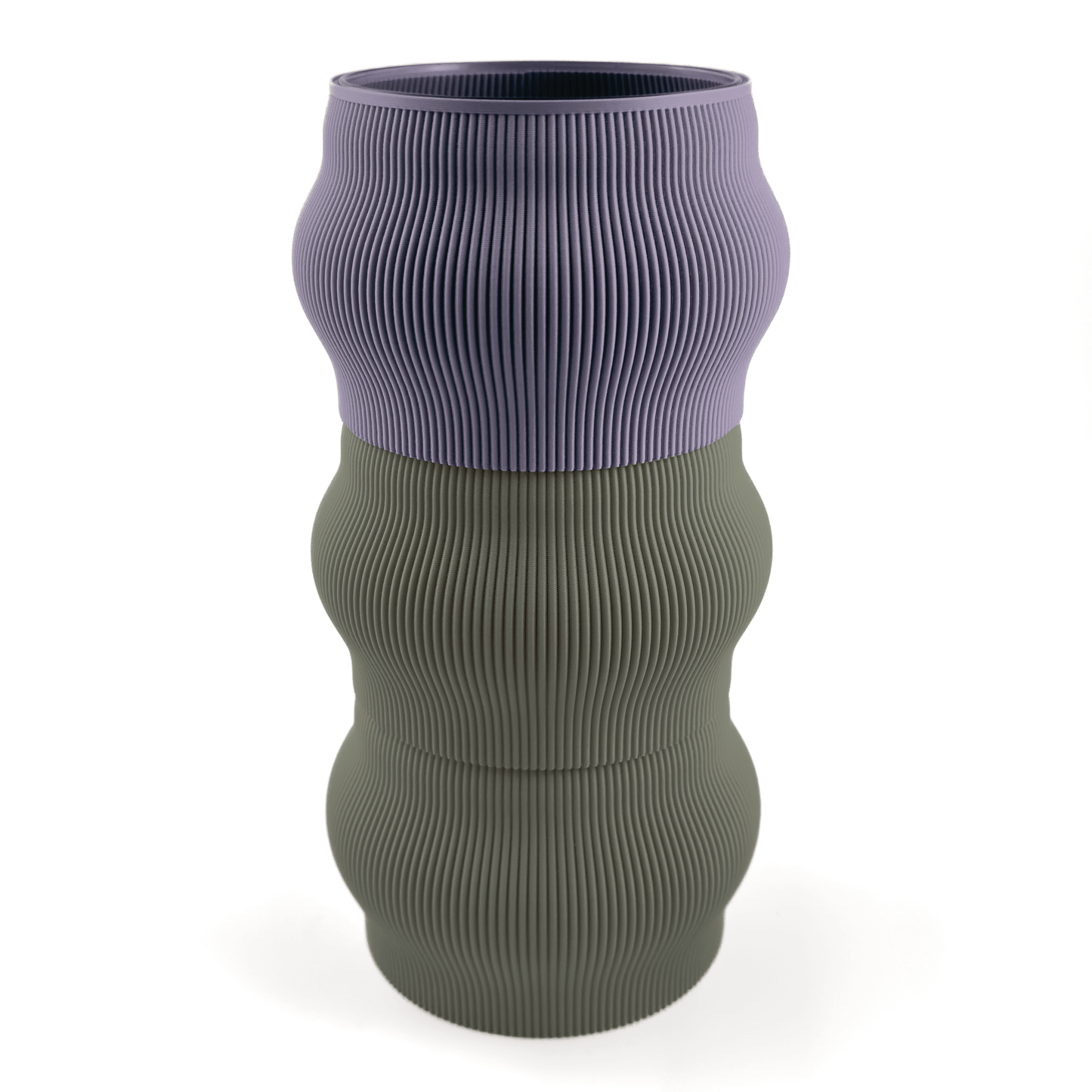 Designvase CYRA modular aufgebaut – Groesse vase, bestehend aus Boden in boden und zwei Aufsaetzen in aufsatz und gruen. Ein modernes Highlight von Cranny, 3D-gedruckt aus PLA.