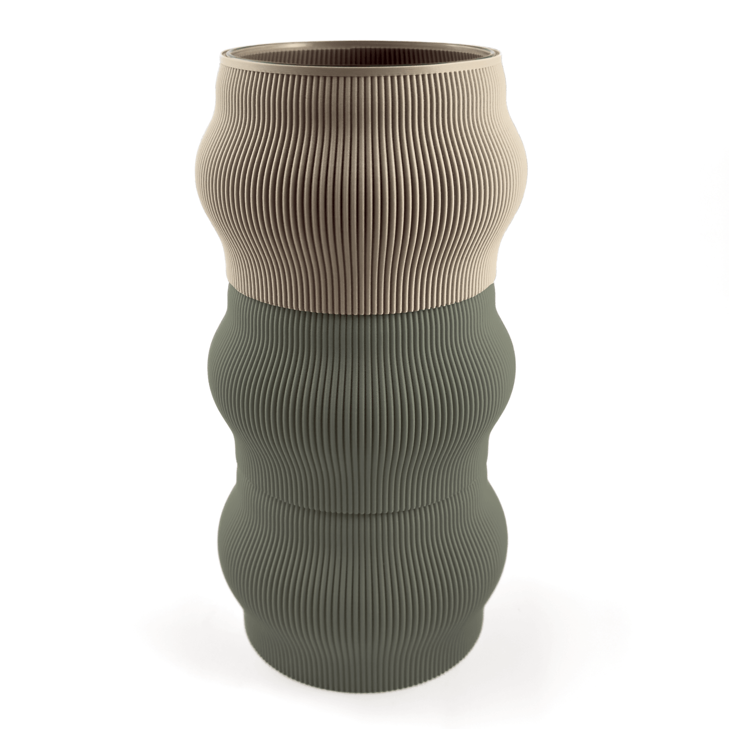 Individuell konfigurierbare Vase CYRA aus dem 3D-Druck – Groesse vase, bestehend aus Boden in boden und zwei Aufsaetzen in aufsatz und gruen. Ideal fuer kreative Interiors – handgefertigt im 3D-Druck.