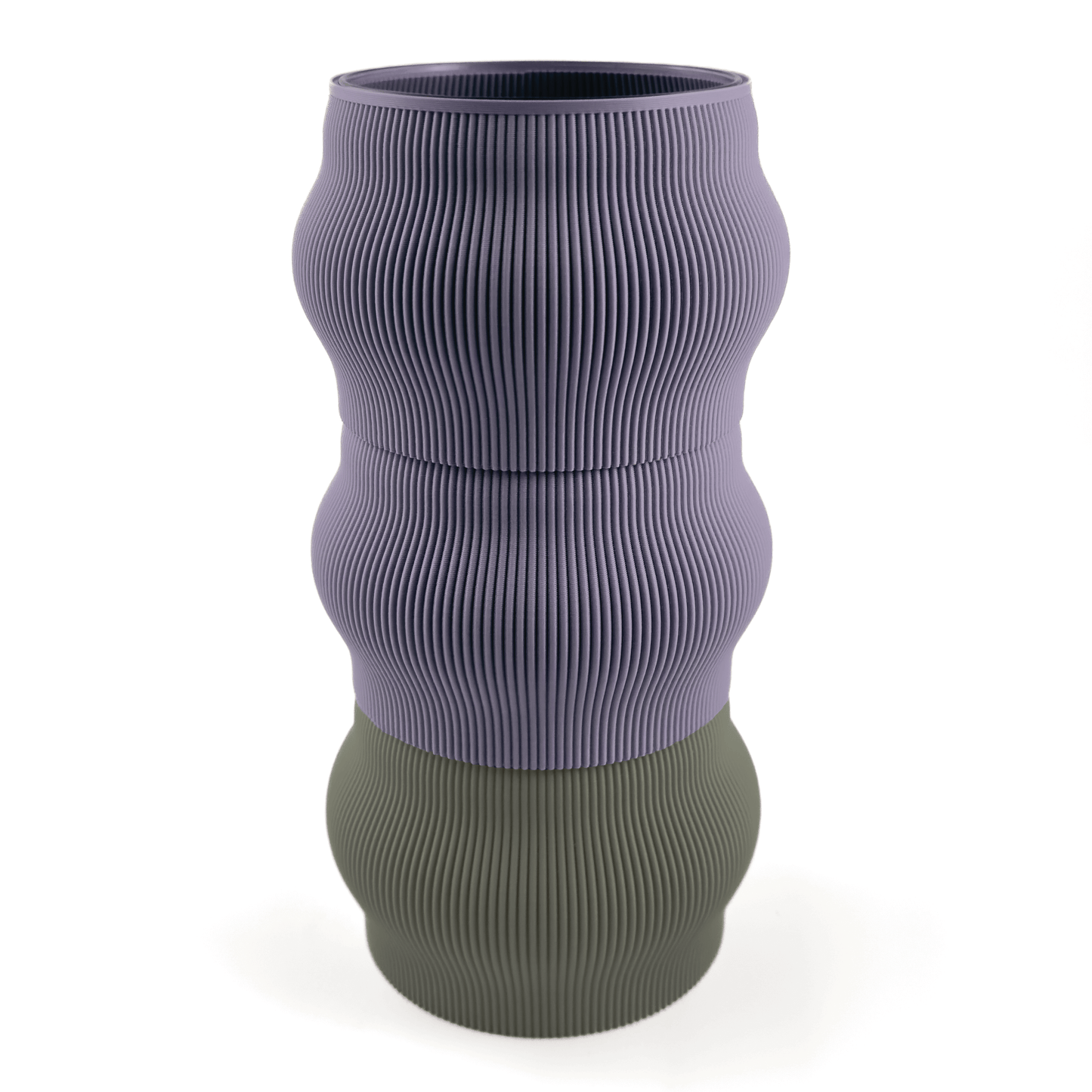 Designvase CYRA modular aufgebaut – Groesse vase, bestehend aus Boden in boden und zwei Aufsaetzen in aufsatz und lila. Ideal fuer kreative Interiors – handgefertigt im 3D-Druck.