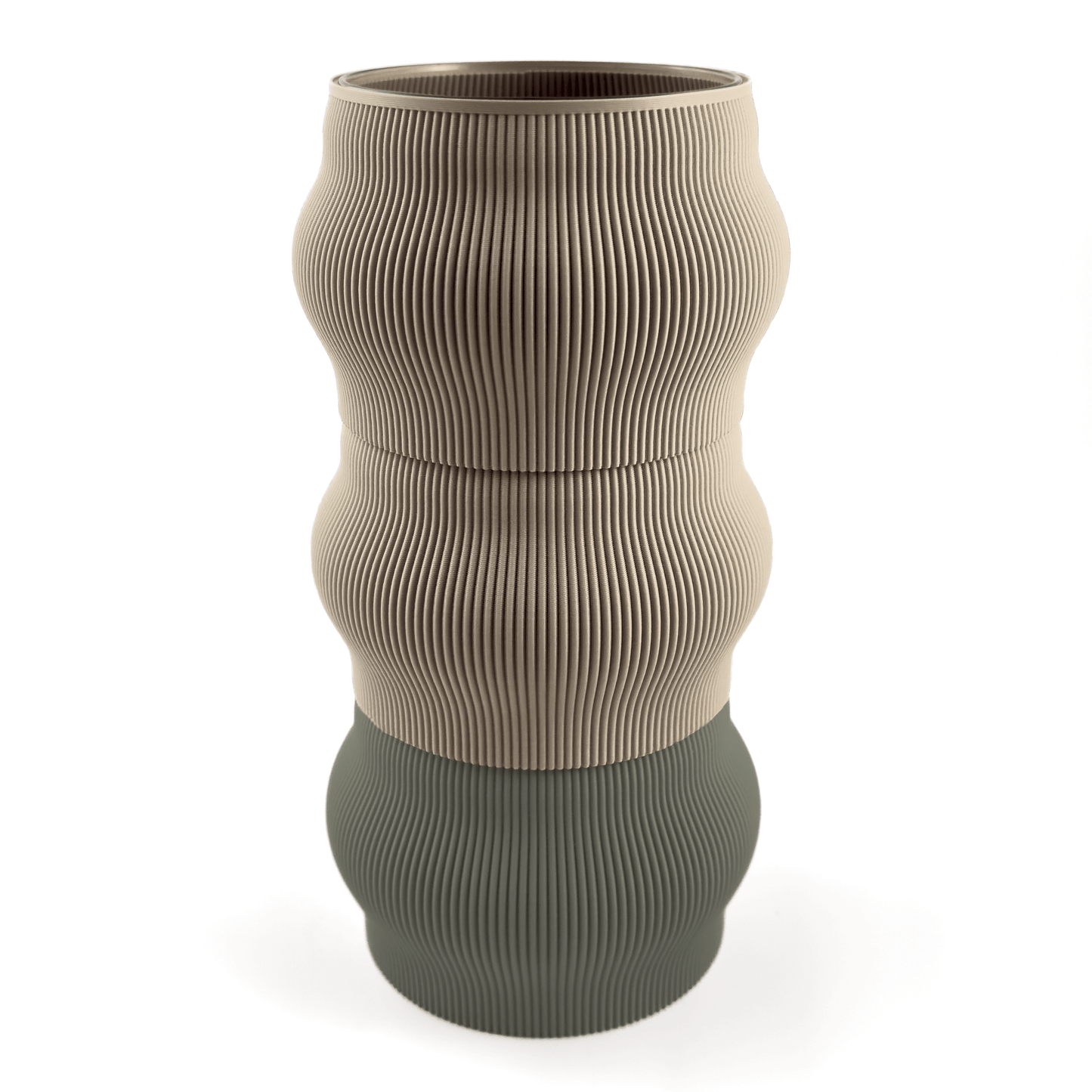 Modern kombinierbare Vase CYRA, 3D-gedruckt – Groesse vase, Farben: Boden boden, Aufsaetze aufsatz und weiss. Aus PLA gefertigt, fuer stilvolles und flexibles Einrichten.