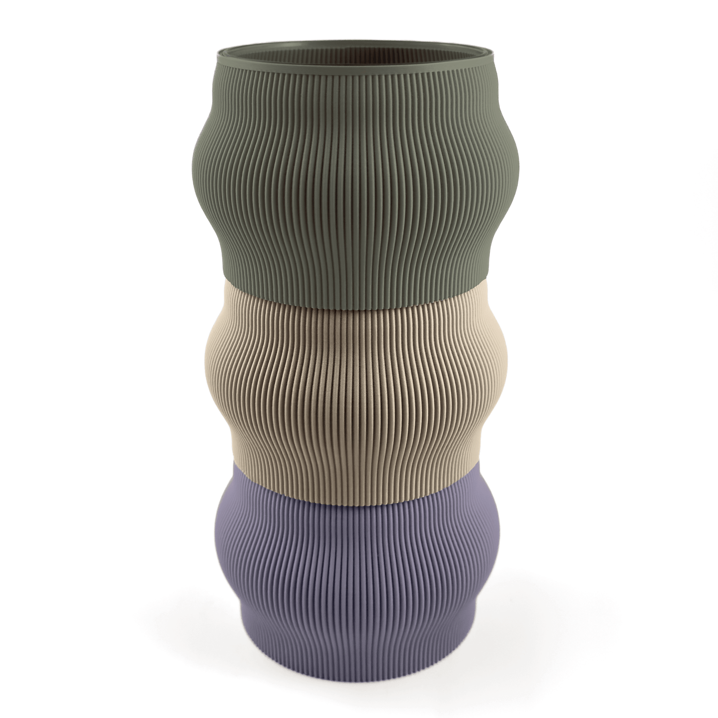 Modern kombinierbare Vase CYRA, 3D-gedruckt – Groesse vase, bestehend aus Boden in boden und zwei Aufsaetzen in aufsatz und weiss. Nachhaltiges Wohnaccessoire von Cranny im modernen Design.