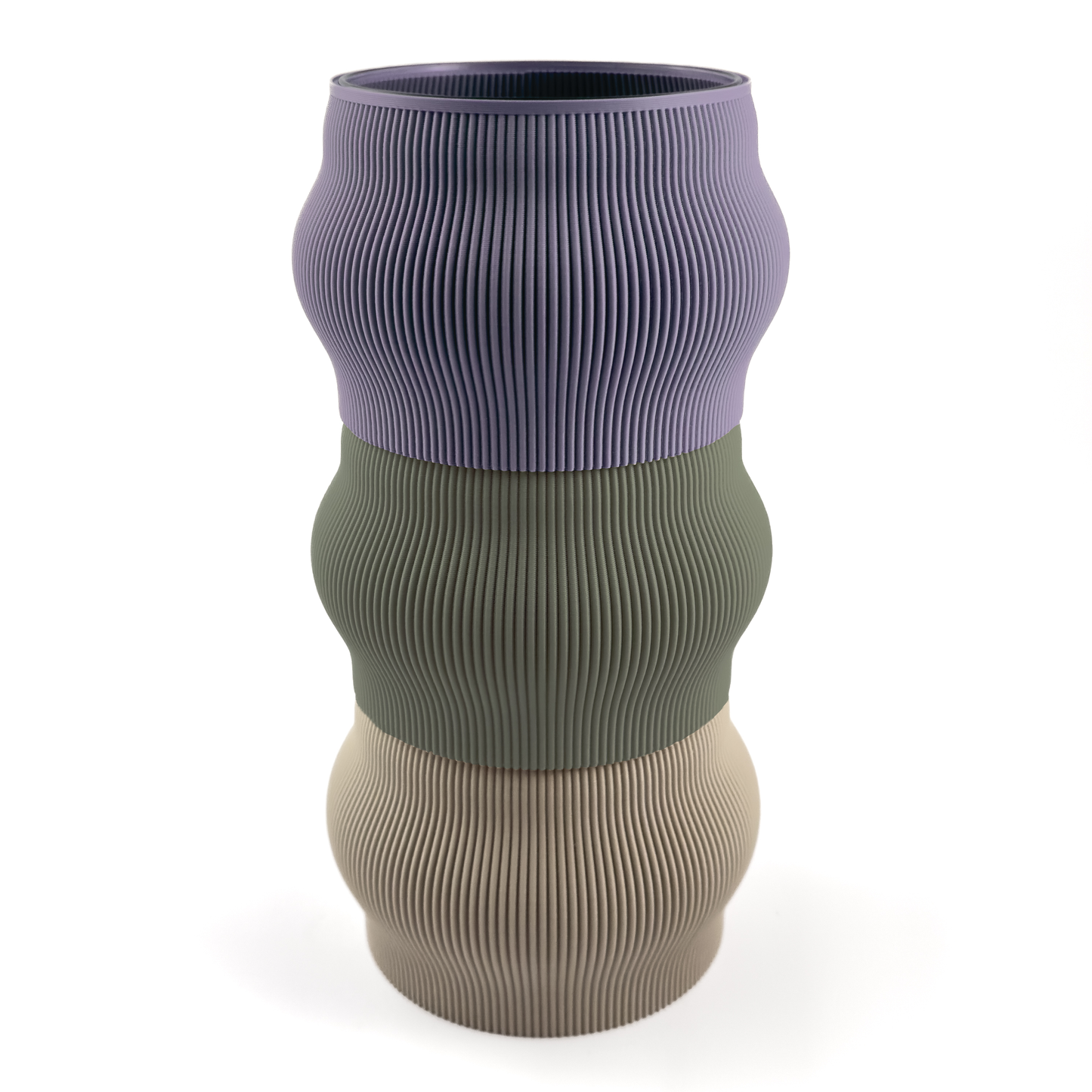 Individuell konfigurierbare Vase CYRA aus dem 3D-Druck – Groesse vase, bestehend aus Boden in boden und zwei Aufsaetzen in aufsatz und gruen. Ein modernes Highlight von Cranny, 3D-gedruckt aus PLA.