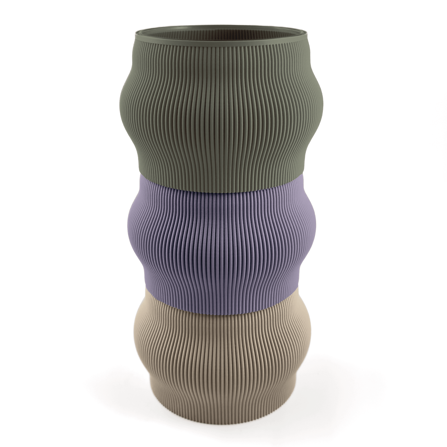 Individuell konfigurierbare Vase CYRA aus dem 3D-Druck – Groesse vase, mit Boden in boden und Aufsaetzen in aufsatz und lila. Nachhaltiges Wohnaccessoire von Cranny im modernen Design.