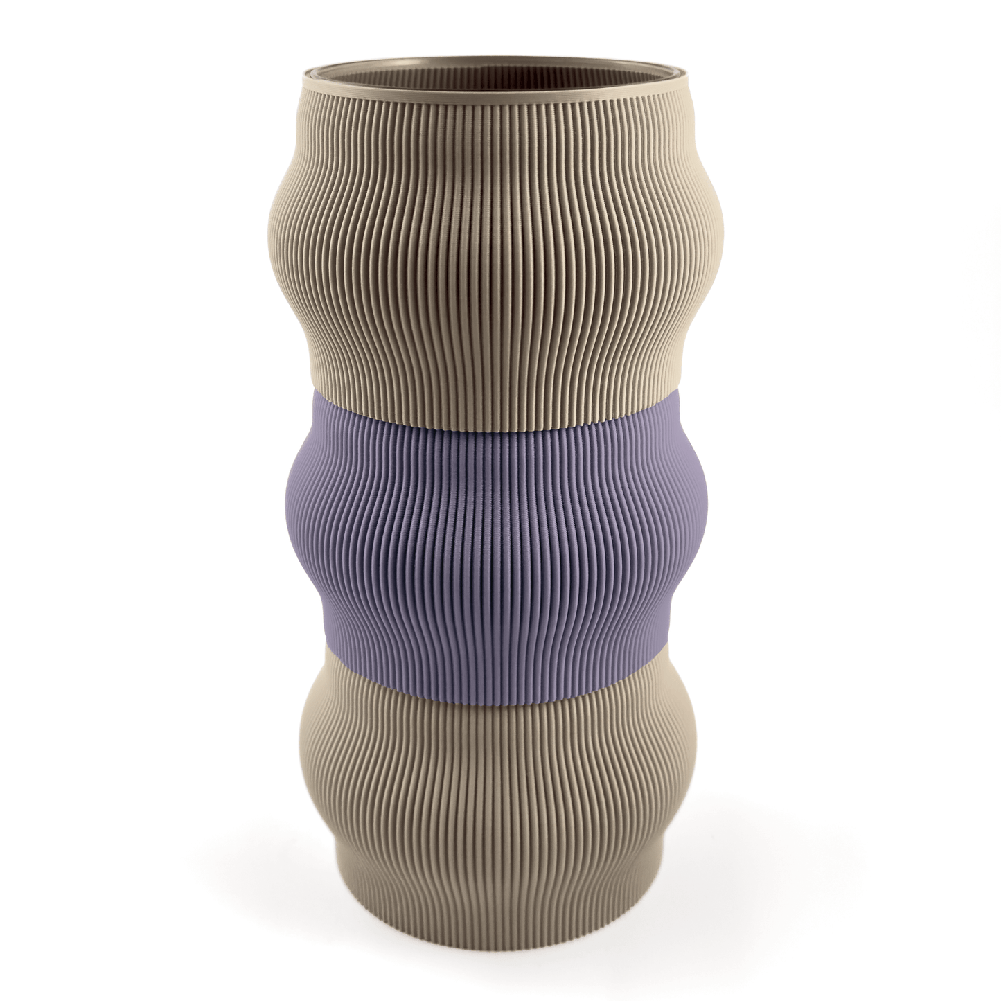 Modern kombinierbare Vase CYRA, 3D-gedruckt – Groesse vase, bestehend aus Boden in boden und zwei Aufsaetzen in aufsatz und lila. Nachhaltiges Wohnaccessoire von Cranny im modernen Design.