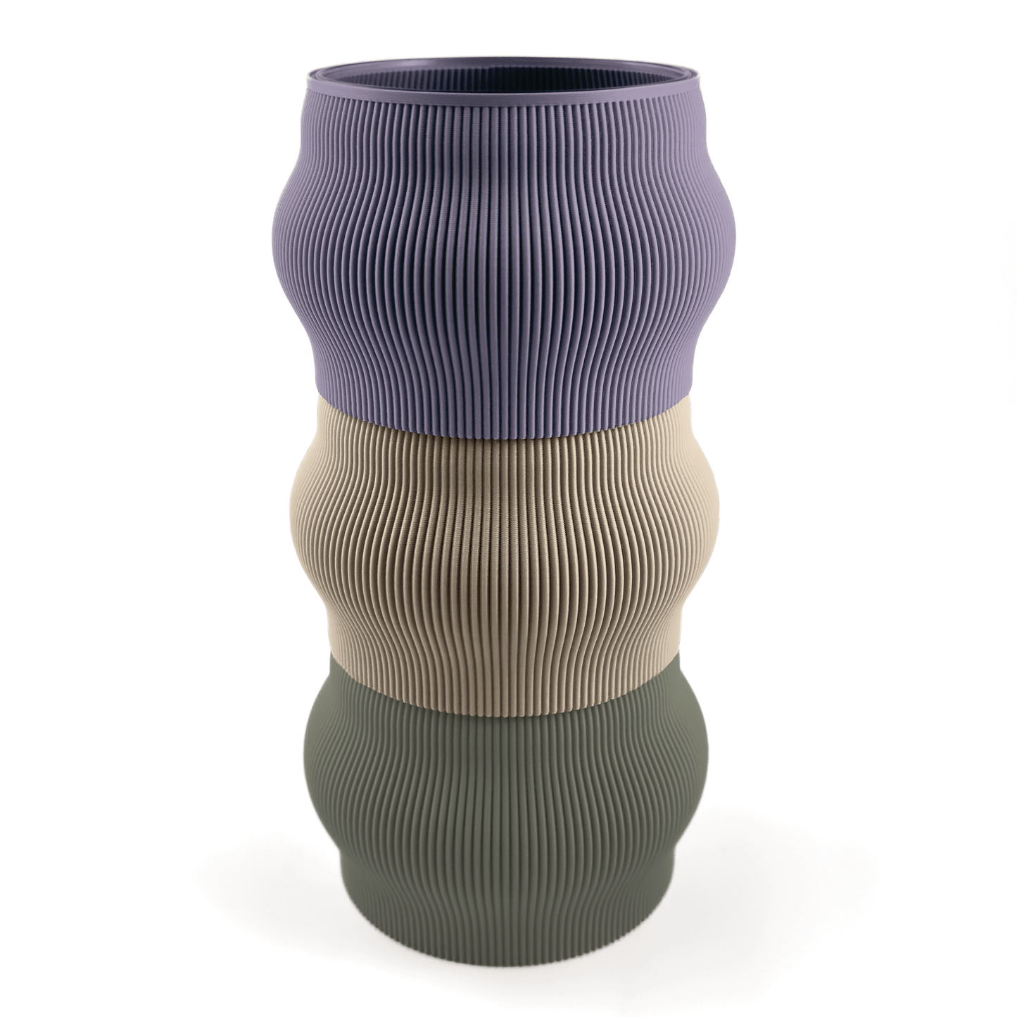 Modern kombinierbare Vase CYRA, 3D-gedruckt – Groesse vase, bestehend aus Boden in boden und zwei Aufsaetzen in aufsatz und lila. Nachhaltiges Wohnaccessoire von Cranny im modernen Design.