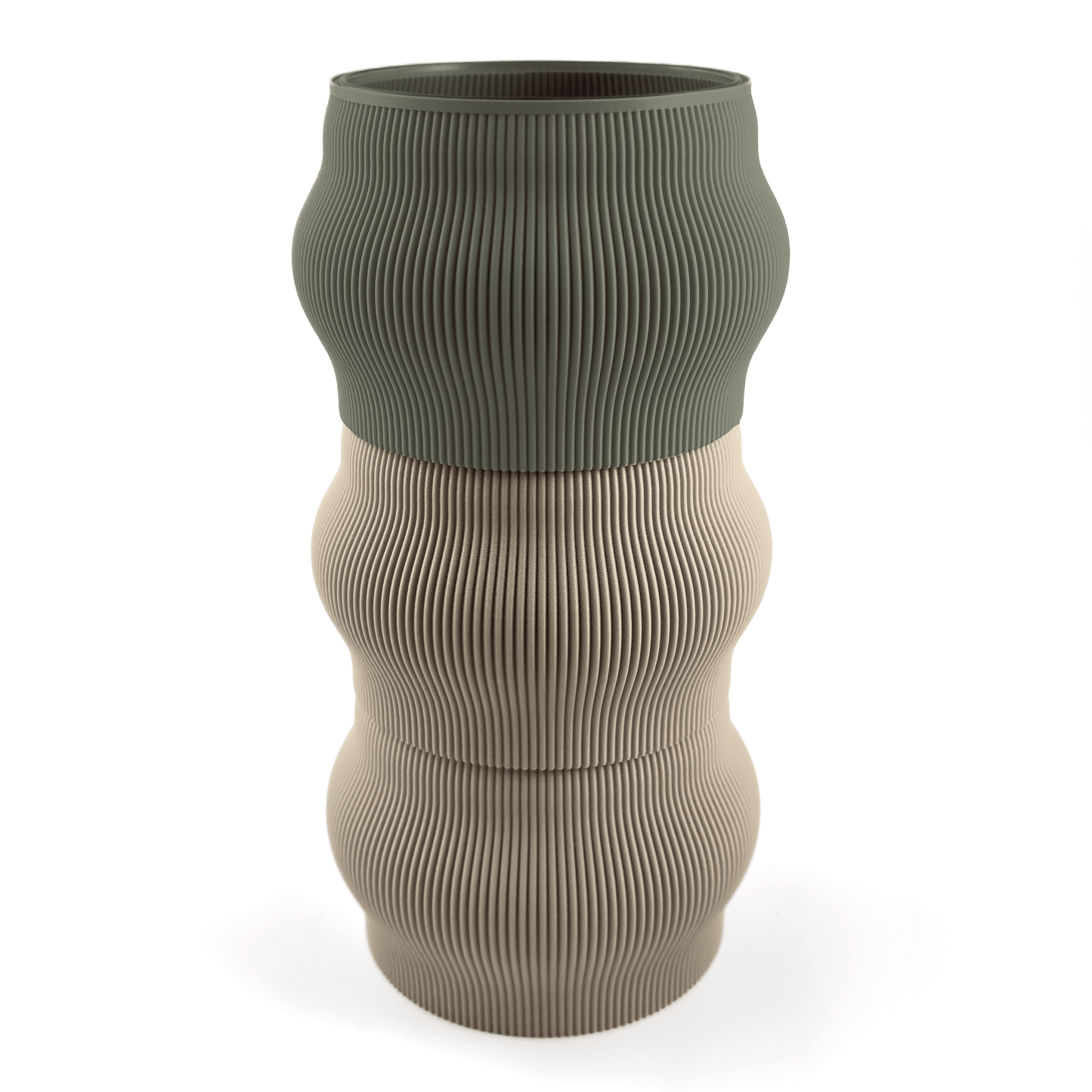 Individuell konfigurierbare Vase CYRA aus dem 3D-Druck – Groesse vase, bestehend aus Boden in boden und zwei Aufsaetzen in aufsatz und weiss. Ideal fuer kreative Interiors – handgefertigt im 3D-Druck.