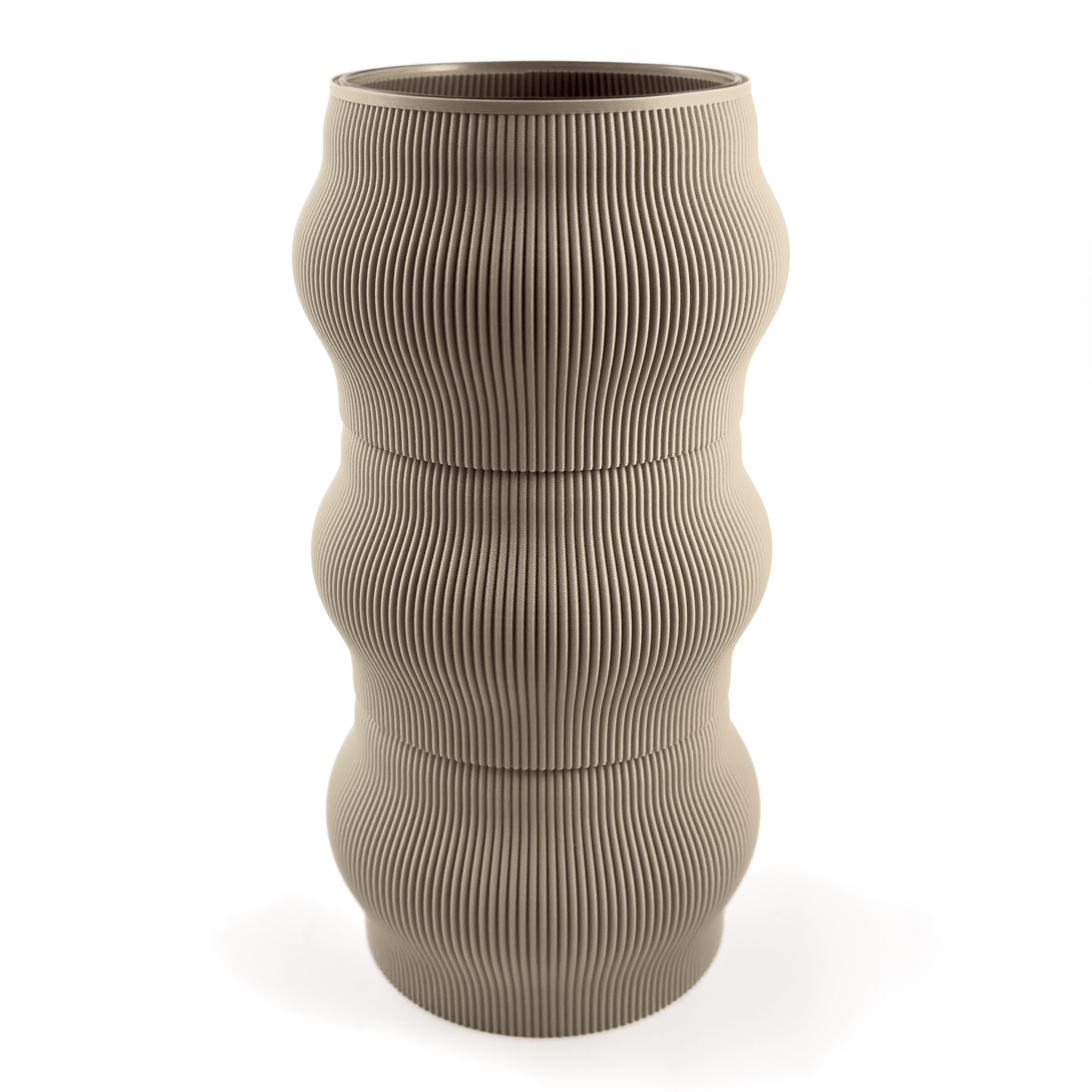 Designvase CYRA modular aufgebaut – Groesse vase, mit Boden in boden und Aufsaetzen in aufsatz und weiss. Aus PLA gefertigt, fuer stilvolles und flexibles Einrichten.