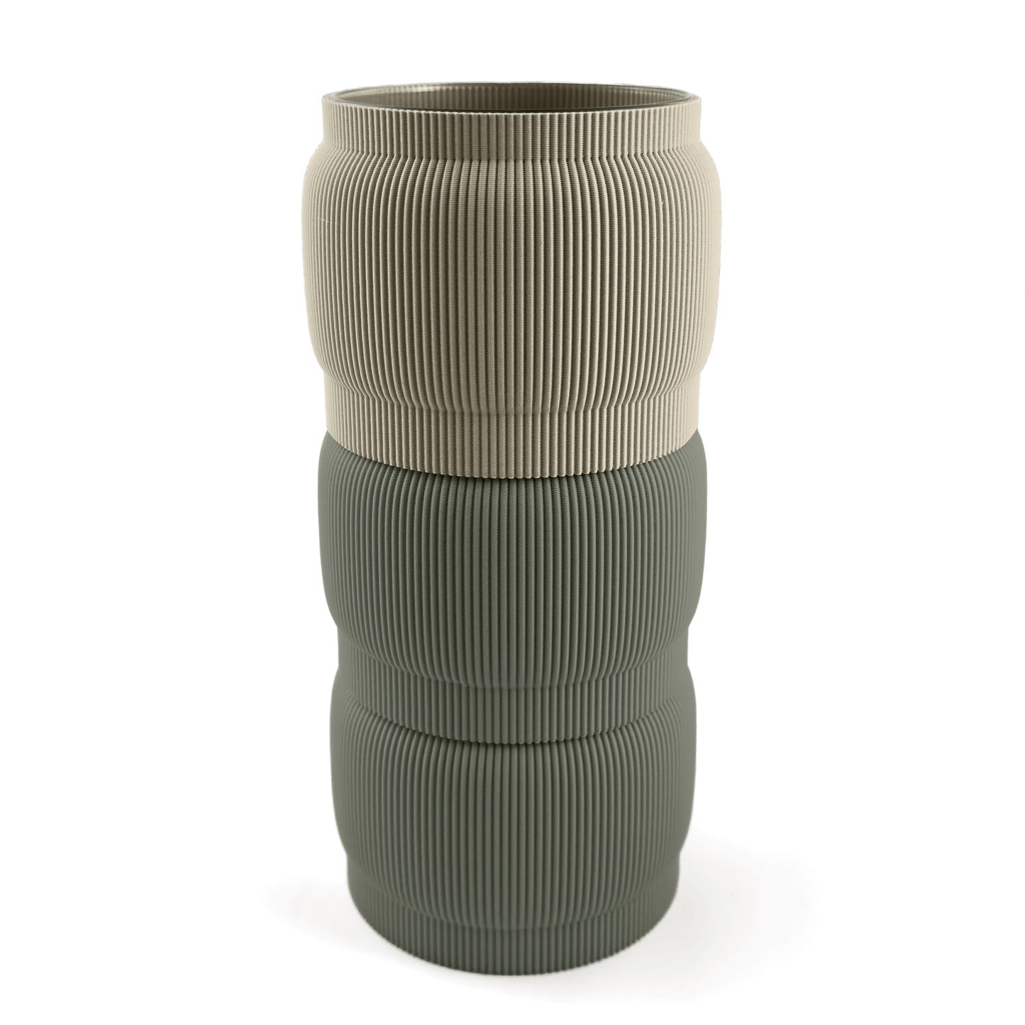 Designvase SORA modular aufgebaut – Größe vase, mit Boden in boden und Aufsätzen in aufsatz und grün. Aus PLA gefertigt, für stilvolles und flexibles Einrichten.