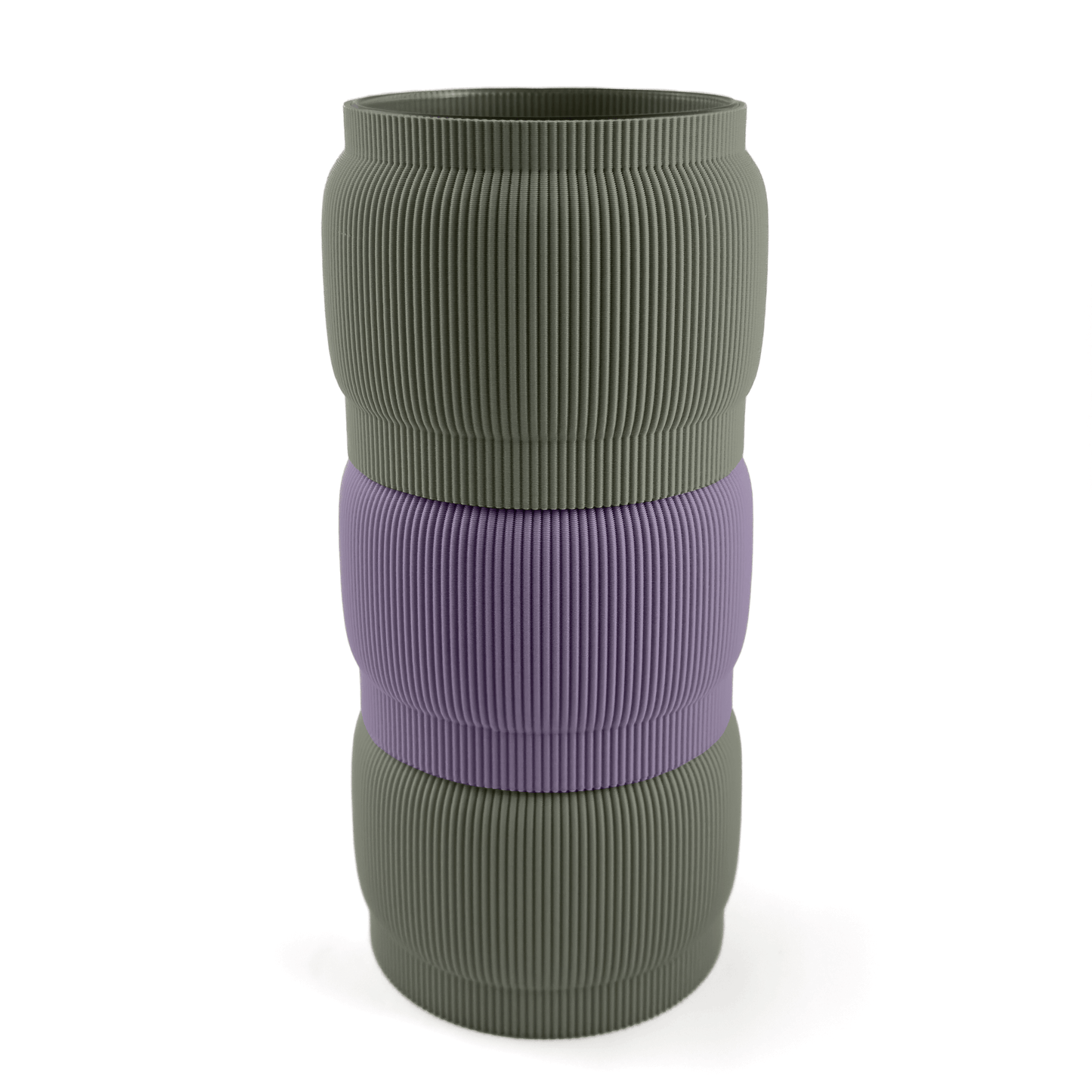 Individuell konfigurierbare Vase SORA aus dem 3D-Druck – Größe vase, Farben: Boden boden, Aufsätze aufsatz und lila. Ein modernes Highlight von Cranny, 3D-gedruckt aus PLA.