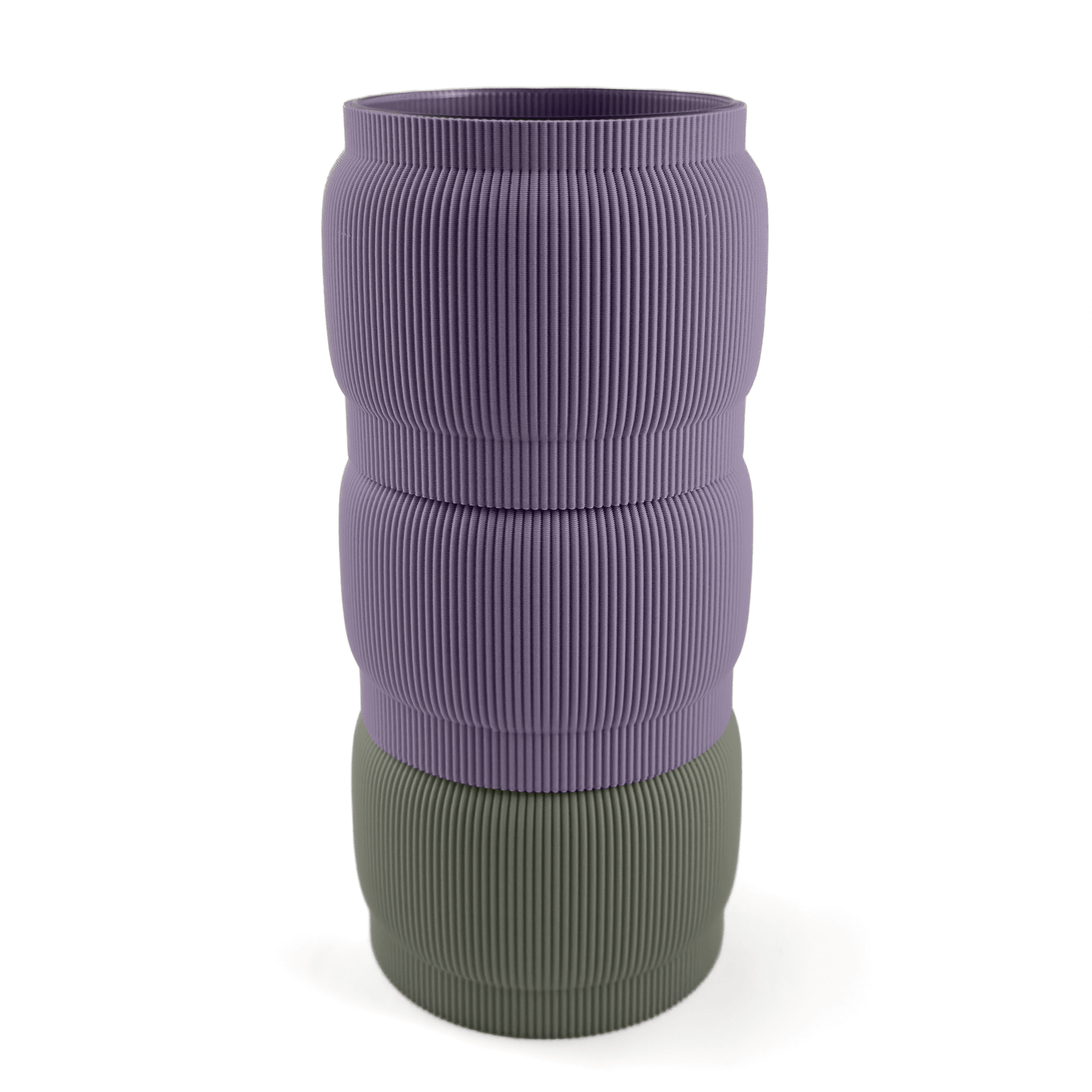 Individuell konfigurierbare Vase SORA aus dem 3D-Druck – Größe vase, bestehend aus Boden in boden und zwei Aufsätzen in aufsatz und lila. Ein modernes Highlight von Cranny, 3D-gedruckt aus PLA.