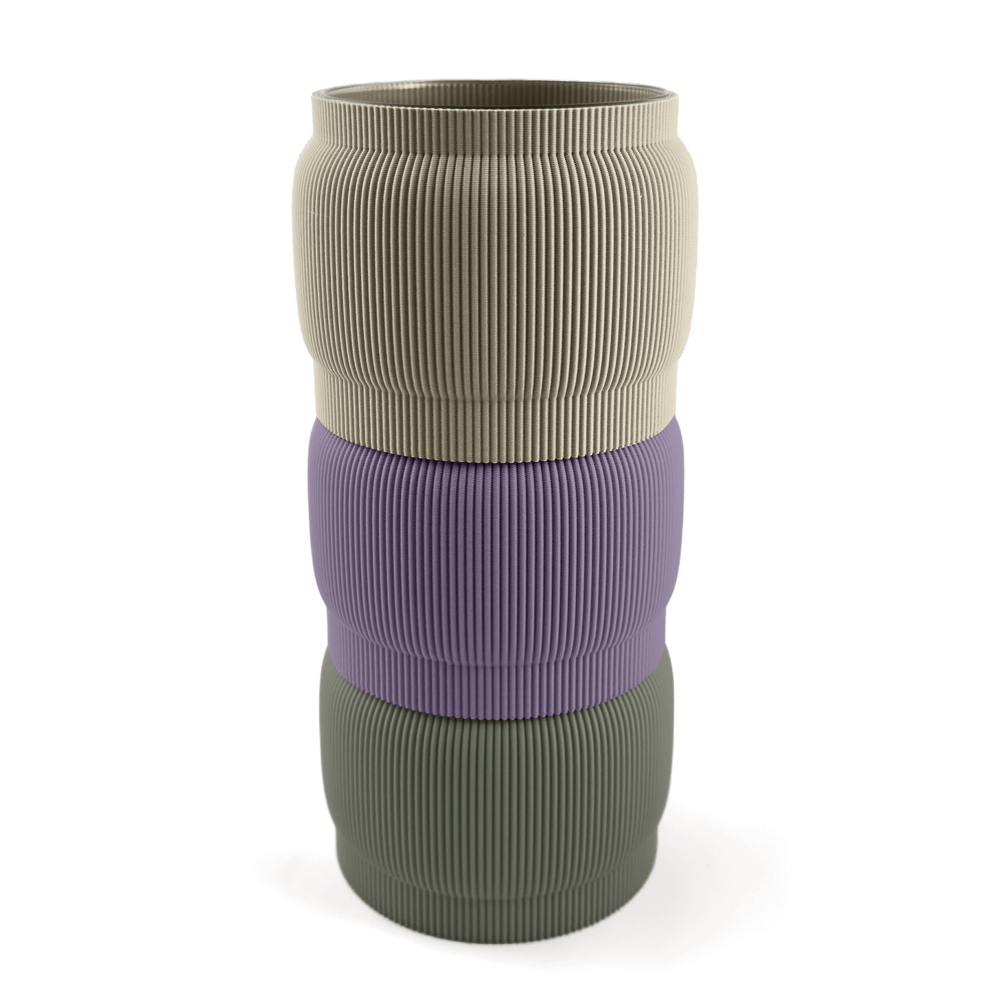 Individuell konfigurierbare Vase SORA aus dem 3D-Druck – Größe vase, bestehend aus Boden in boden und zwei Aufsätzen in aufsatz und lila. Ideal für kreative Interiors – handgefertigt im 3D-Druck.