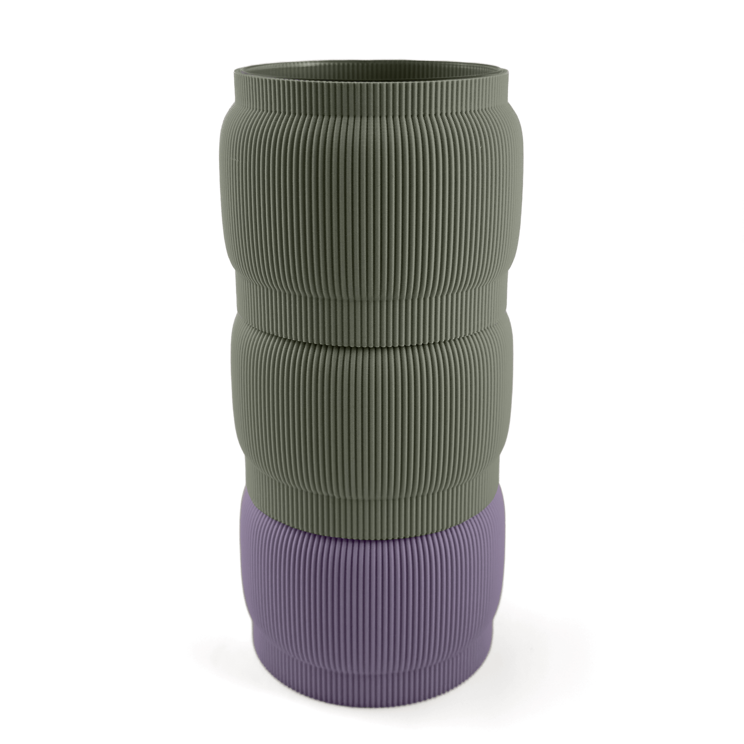 Individuell konfigurierbare Vase SORA aus dem 3D-Druck – Größe vase, mit Boden in boden und Aufsätzen in aufsatz und grün. Aus PLA gefertigt, für stilvolles und flexibles Einrichten.