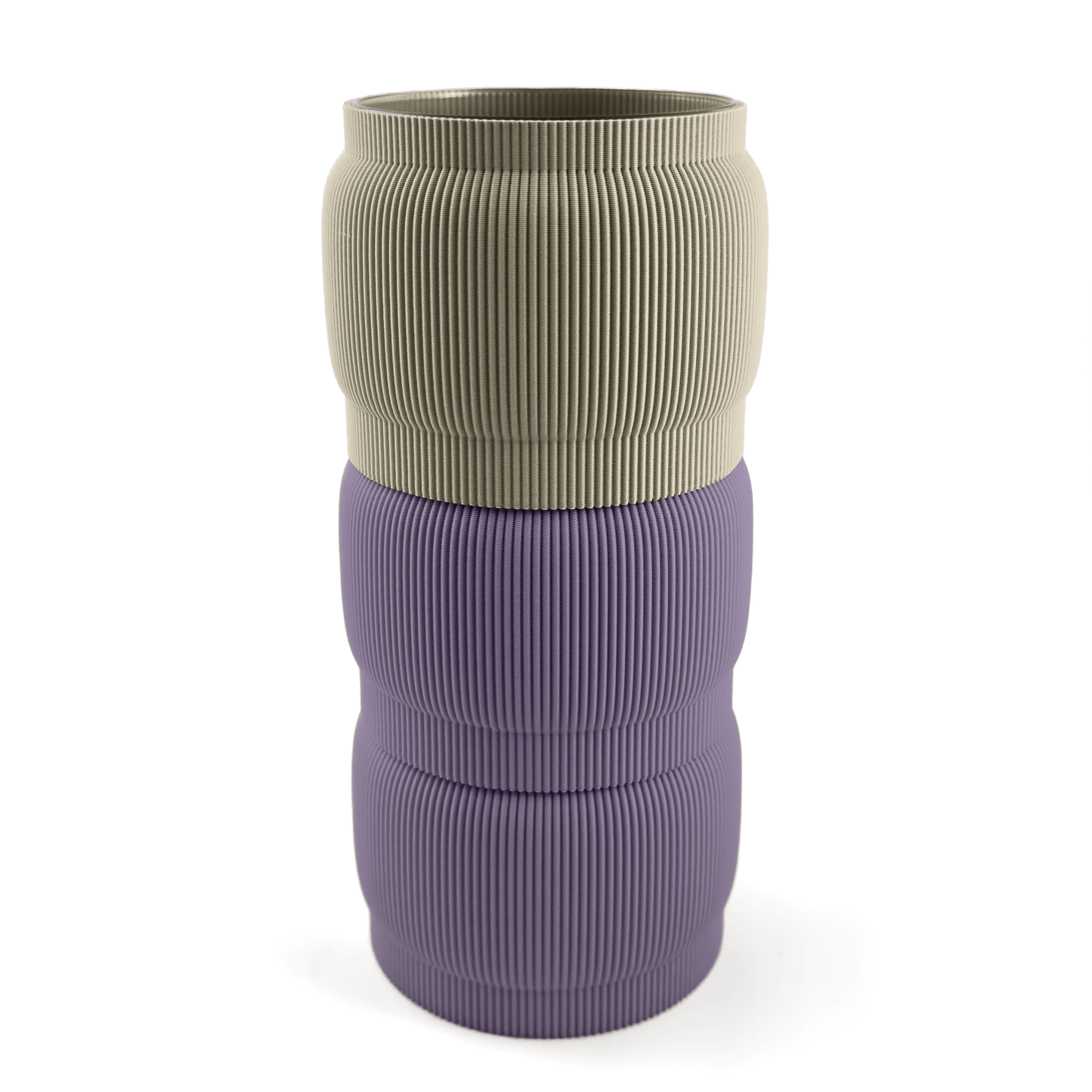 Designvase SORA modular aufgebaut – Größe vase, mit Boden in boden und Aufsätzen in aufsatz und lila. Ein modernes Highlight von Cranny, 3D-gedruckt aus PLA.