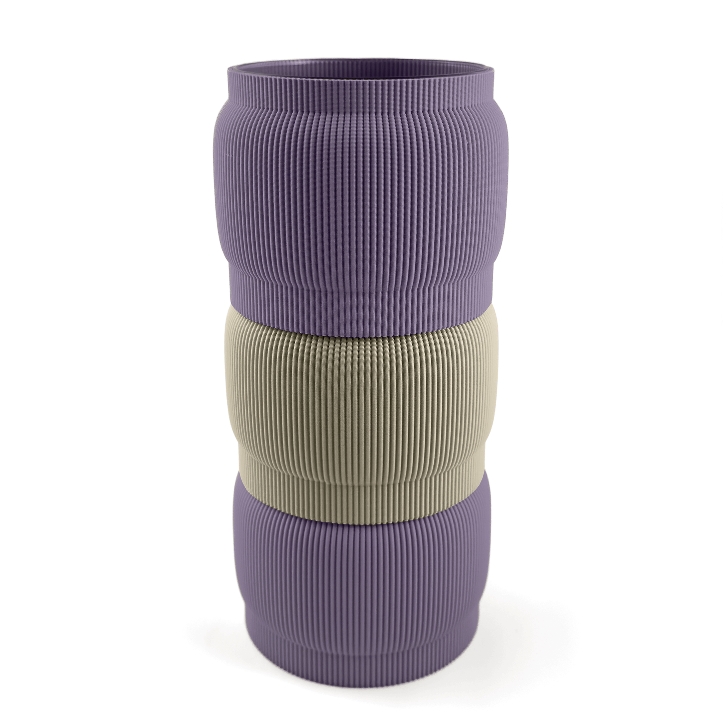 Designvase SORA modular aufgebaut – Größe vase, mit Boden in boden und Aufsätzen in aufsatz und weiß. Ideal für kreative Interiors – handgefertigt im 3D-Druck.
