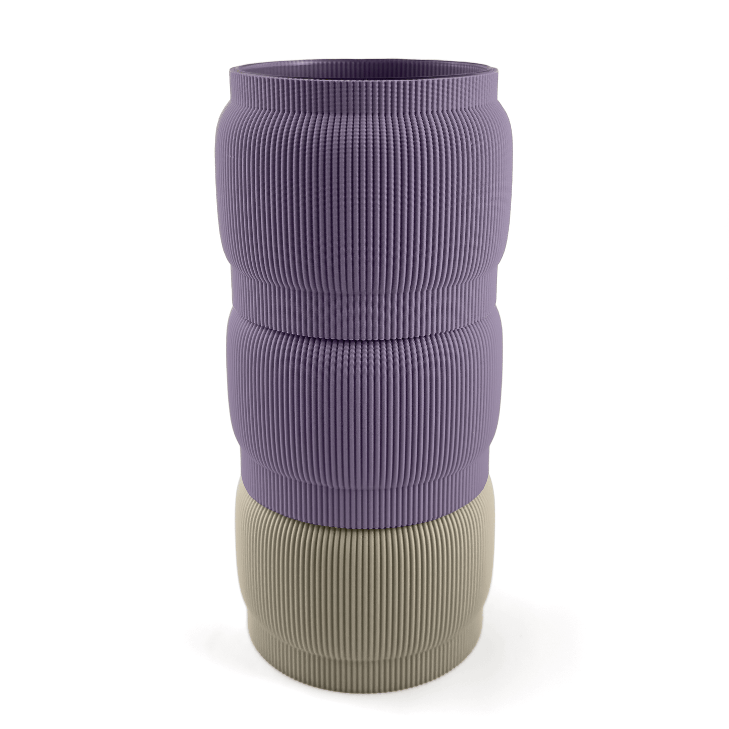 Individuell konfigurierbare Vase SORA aus dem 3D-Druck – Größe vase, bestehend aus Boden in boden und zwei Aufsätzen in aufsatz und lila. Aus PLA gefertigt, für stilvolles und flexibles Einrichten.