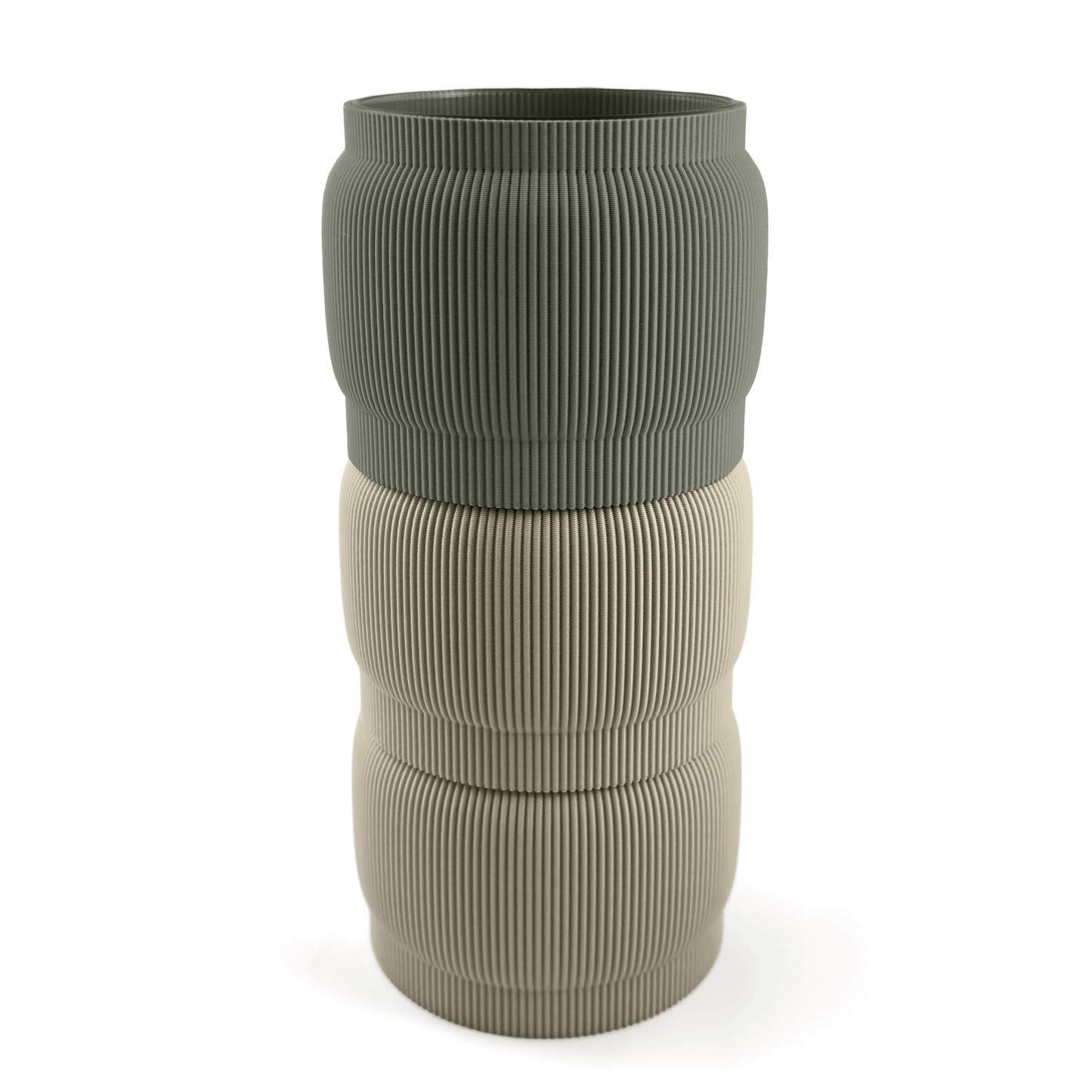 Designvase SORA modular aufgebaut – Größe vase, mit Boden in boden und Aufsätzen in aufsatz und weiß. Aus PLA gefertigt, für stilvolles und flexibles Einrichten.