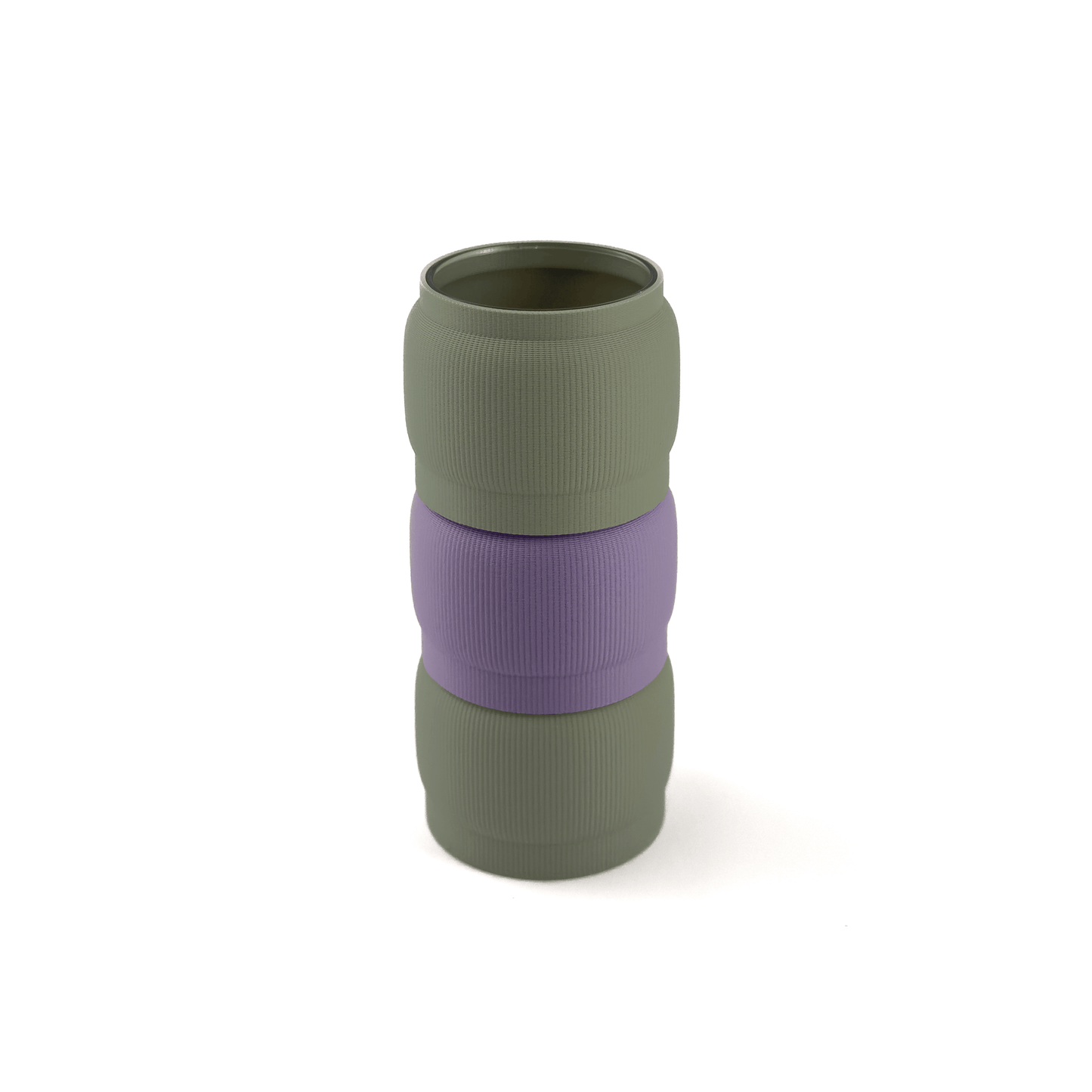 Designvase SORA modular aufgebaut – Größe vase, Farben: Boden boden, Aufsätze aufsatz und lila. Ideal für kreative Interiors – handgefertigt im 3D-Druck.