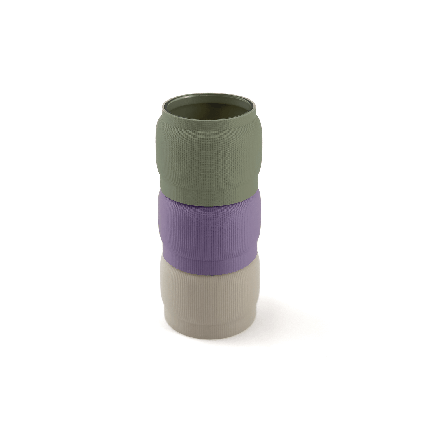 Individuell konfigurierbare Vase SORA aus dem 3D-Druck – Größe vase, bestehend aus Boden in boden und zwei Aufsätzen in aufsatz und lila. Ein modernes Highlight von Cranny, 3D-gedruckt aus PLA.