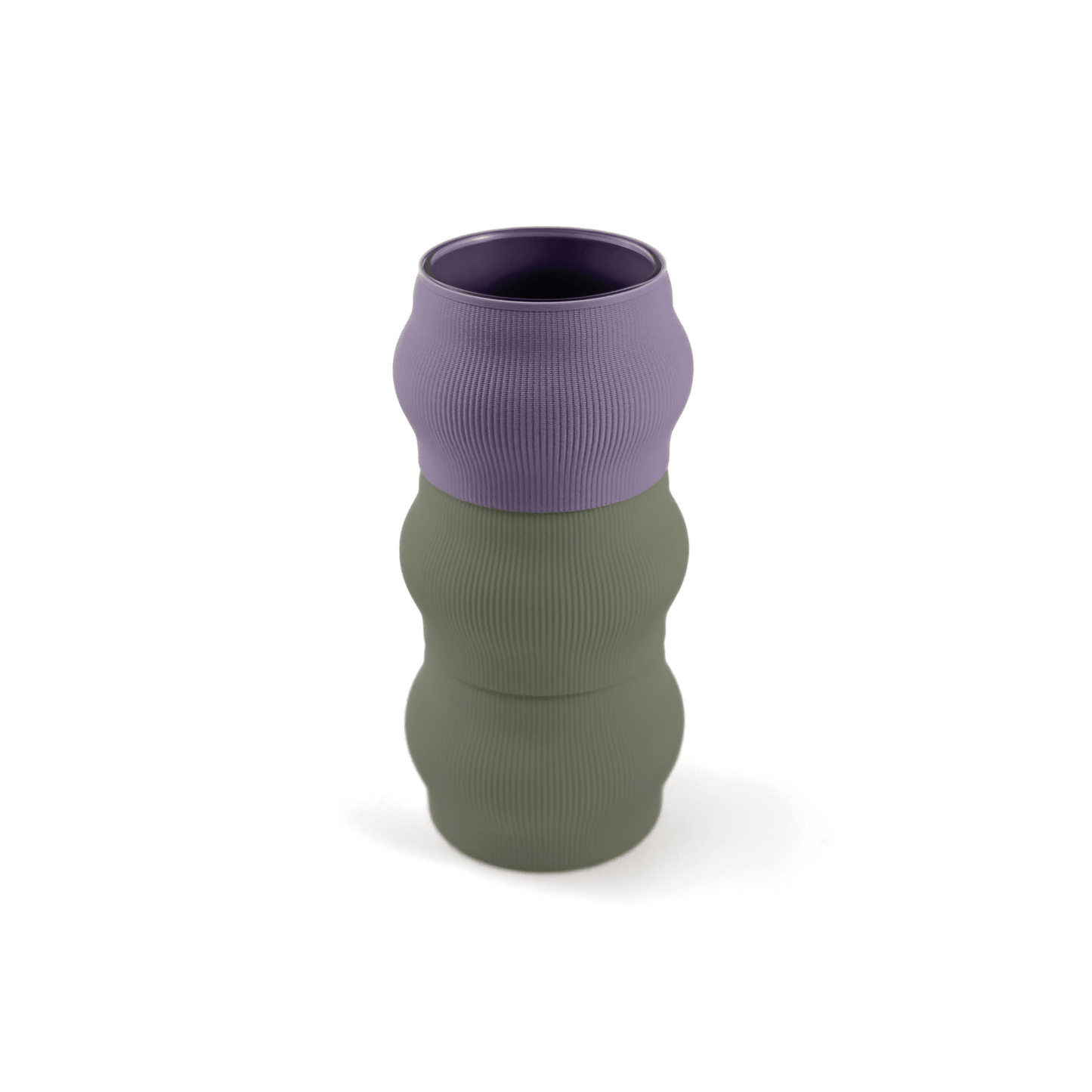Designvase CYRA modular aufgebaut – Größe vase, mit Boden in boden und Aufsätzen in aufsatz und grün. Aus PLA gefertigt, für stilvolles und flexibles Einrichten.
