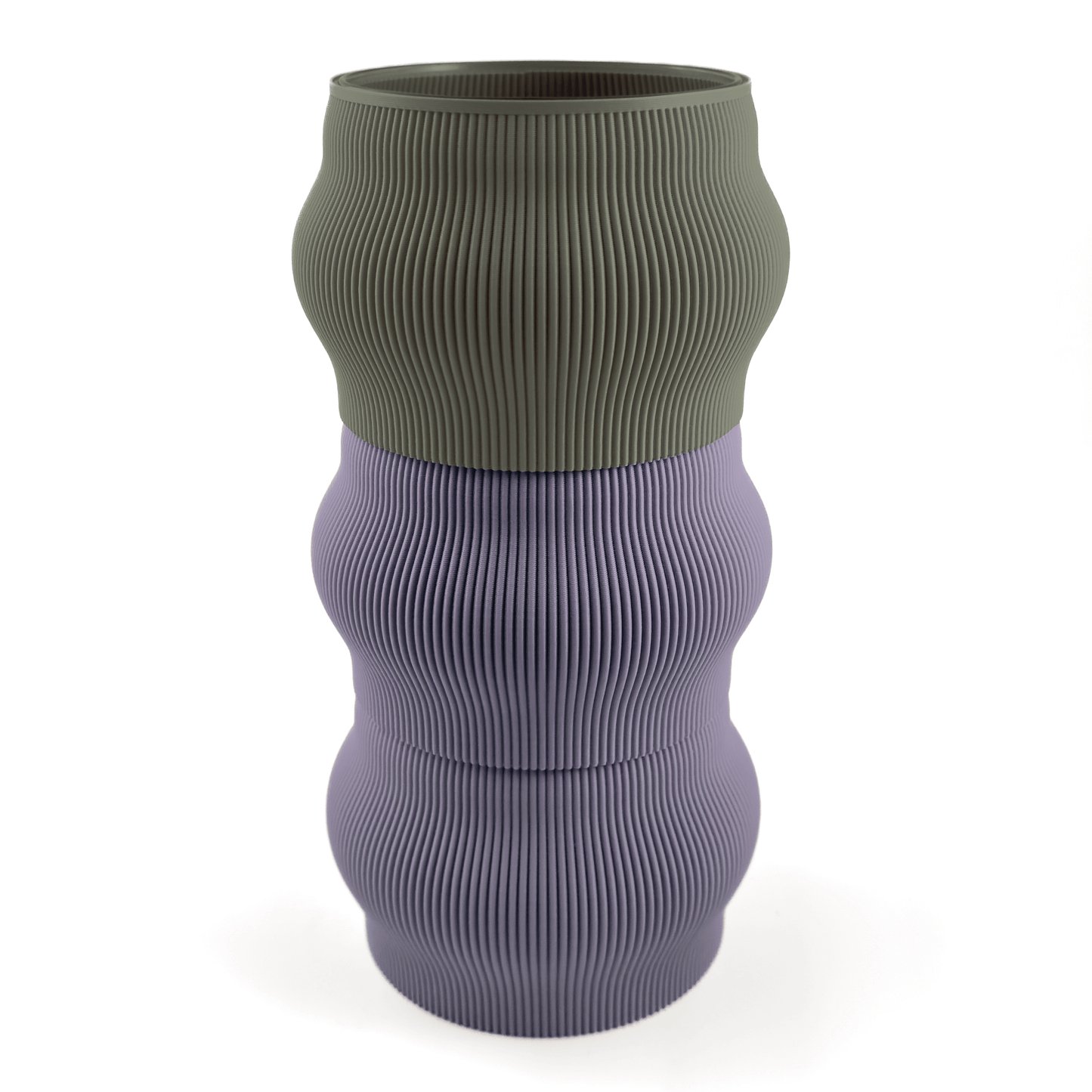Individuell konfigurierbare Vase CYRA aus dem 3D-Druck – Groesse vase, Farben: Boden boden, Aufsaetze aufsatz und lila. Nachhaltiges Wohnaccessoire von Cranny im modernen Design.

