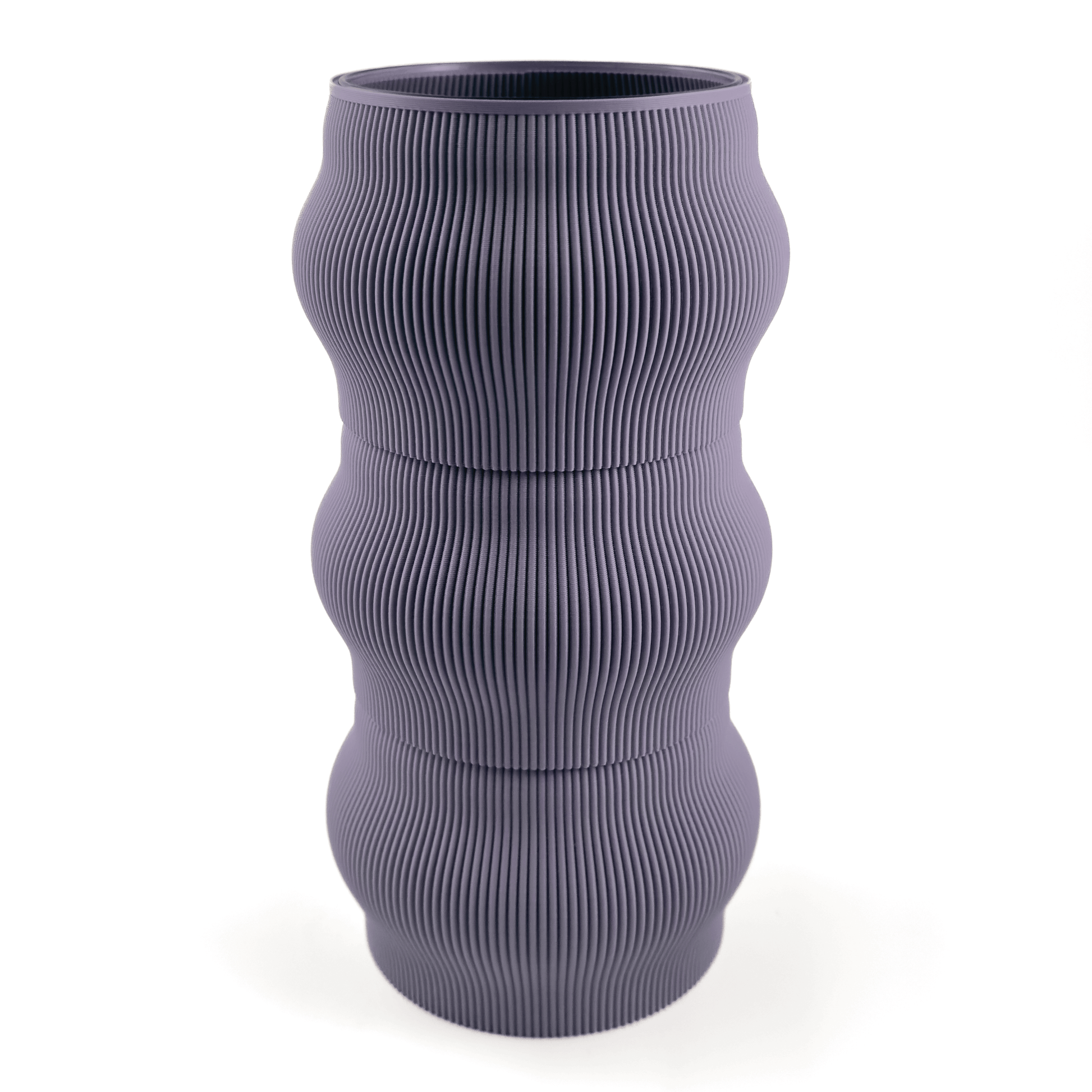 Modern kombinierbare Vase CYRA, 3D-gedruckt – Groesse vase, mit Boden in boden und Aufsaetzen in aufsatz und lila. Nachhaltiges Wohnaccessoire von Cranny im modernen Design.
