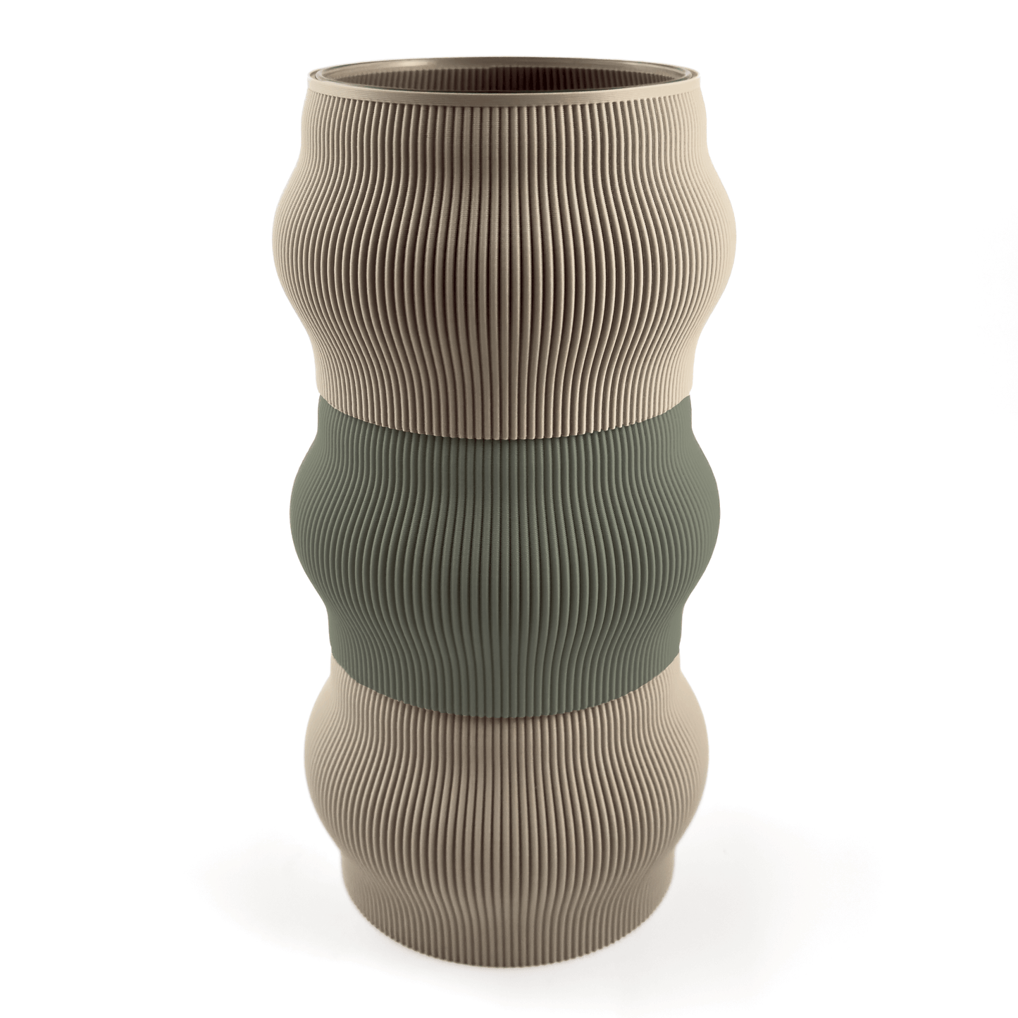 Modulare Vase CYRA in Groesse vase, kombiniert mit boden Boden sowie Aufsatzfarben aufsatz und gruen. Aus PLA gefertigt, fuer stilvolles und flexibles Einrichten.
