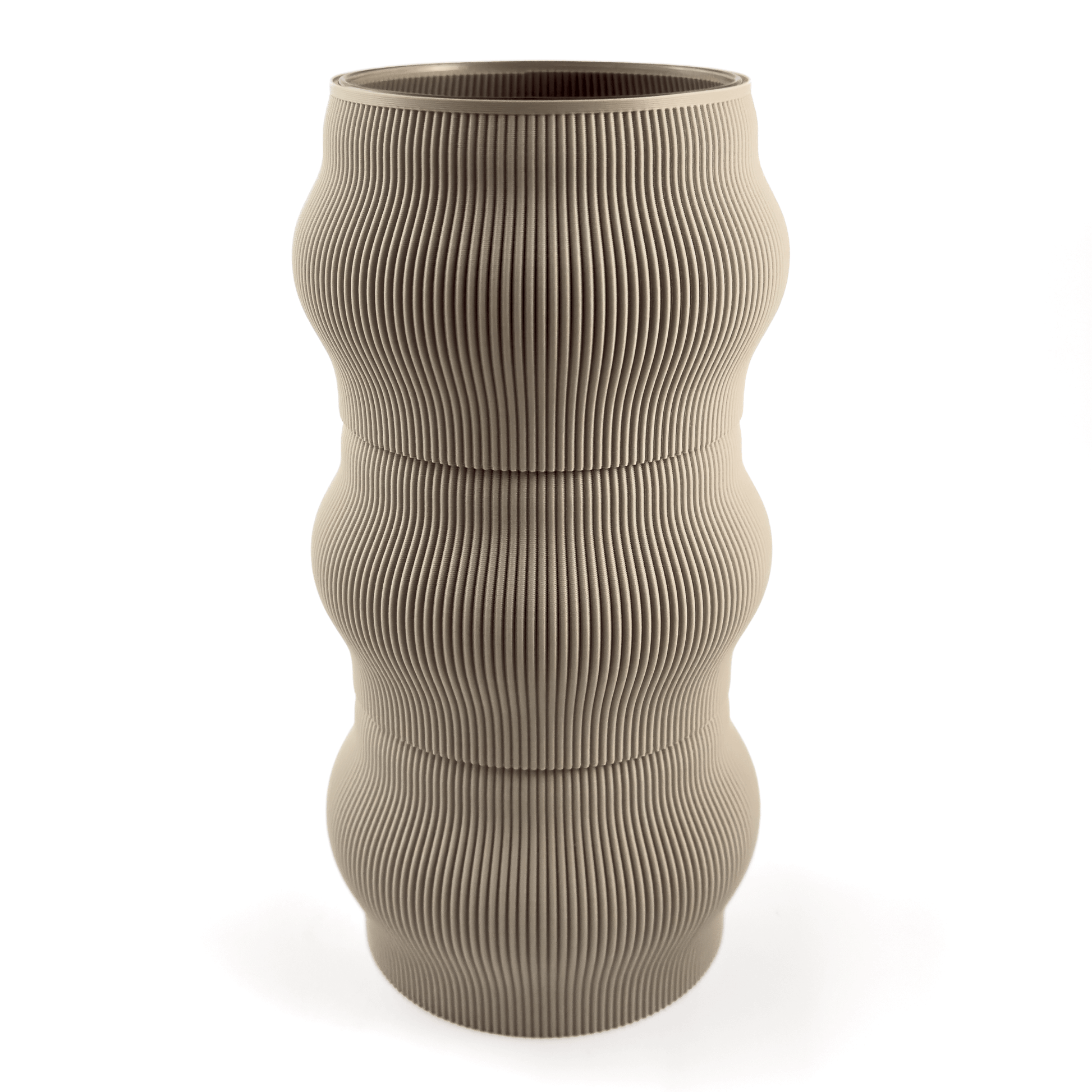 Designvase CYRA modular aufgebaut – Groesse vase, mit Boden in boden und Aufsaetzen in aufsatz und weiss. Aus PLA gefertigt, fuer stilvolles und flexibles Einrichten.
