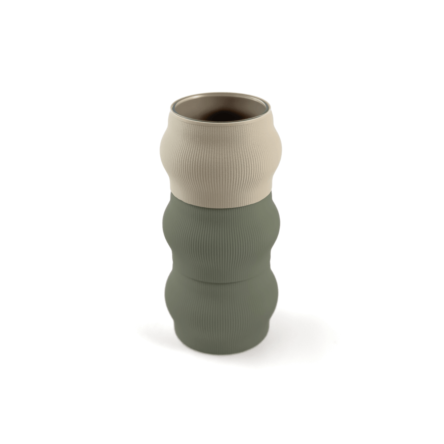 Modern kombinierbare Vase CYRA, 3D-gedruckt – Groesse vase, kombiniert mit boden Boden sowie Aufsatzfarben aufsatz und gruen. Ein modernes Highlight von Cranny, 3D-gedruckt aus PLA.
