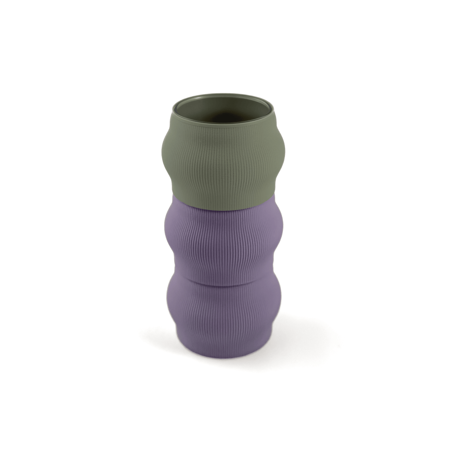 Modulare Vase CYRA in Groesse vase, bestehend aus Boden in boden und zwei Aufsaetzen in aufsatz und lila. Ideal fuer kreative Interiors – handgefertigt im 3D-Druck.
