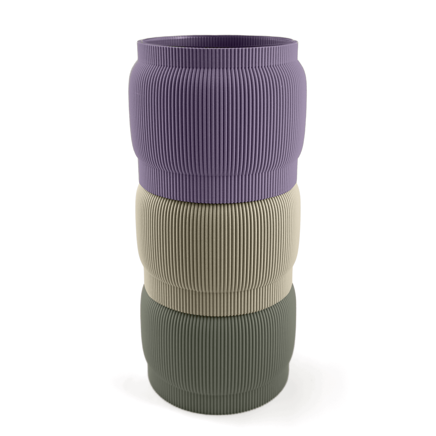 Individuell konfigurierbare Vase SORA aus dem 3D-Druck – Größe vase, bestehend aus Boden in boden und zwei Aufsätzen in aufsatz und weiß. Ideal für kreative Interiors – handgefertigt im 3D-Druck.