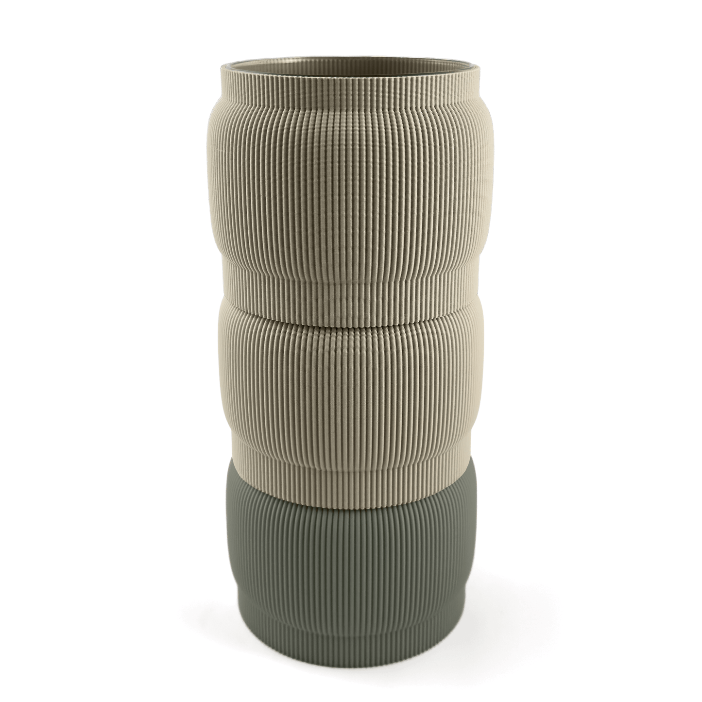 Modern kombinierbare Vase SORA, 3D-gedruckt – Größe vase, kombiniert mit boden Boden sowie Aufsatzfarben aufsatz und weiß. Ideal für kreative Interiors – handgefertigt im 3D-Druck.