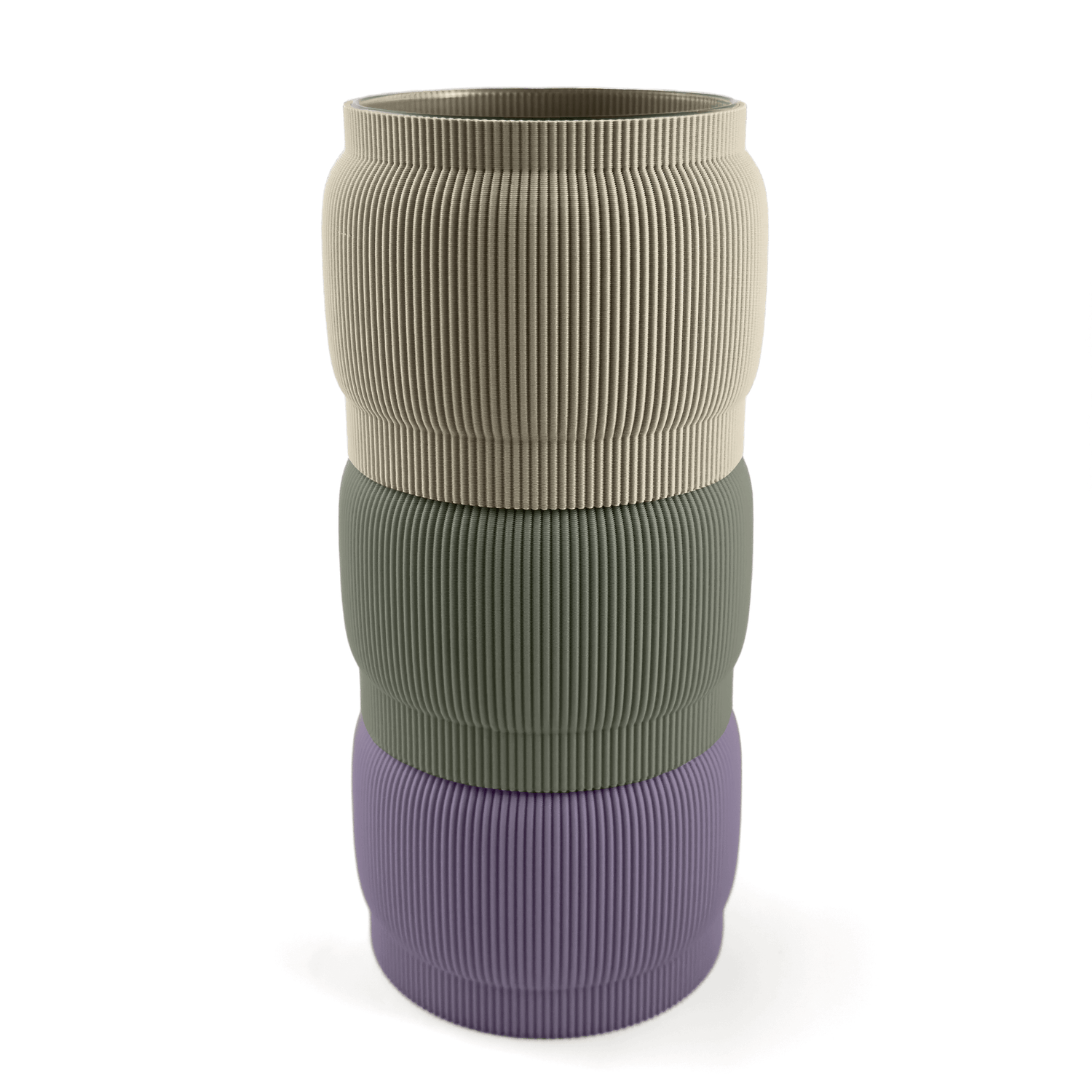 Designvase SORA modular aufgebaut – Größe vase, mit Boden in boden und Aufsätzen in aufsatz und grün. Ideal für kreative Interiors – handgefertigt im 3D-Druck.