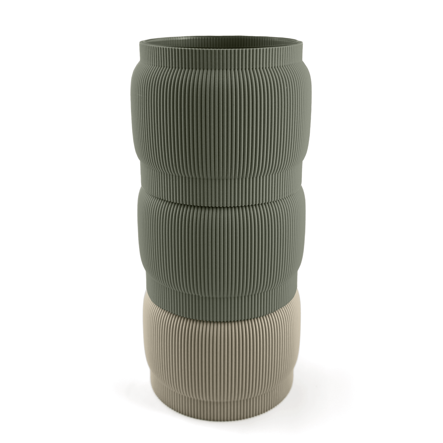 Individuell konfigurierbare Vase SORA aus dem 3D-Druck – Größe vase, kombiniert mit boden Boden sowie Aufsatzfarben aufsatz und grün. Ideal für kreative Interiors – handgefertigt im 3D-Druck.