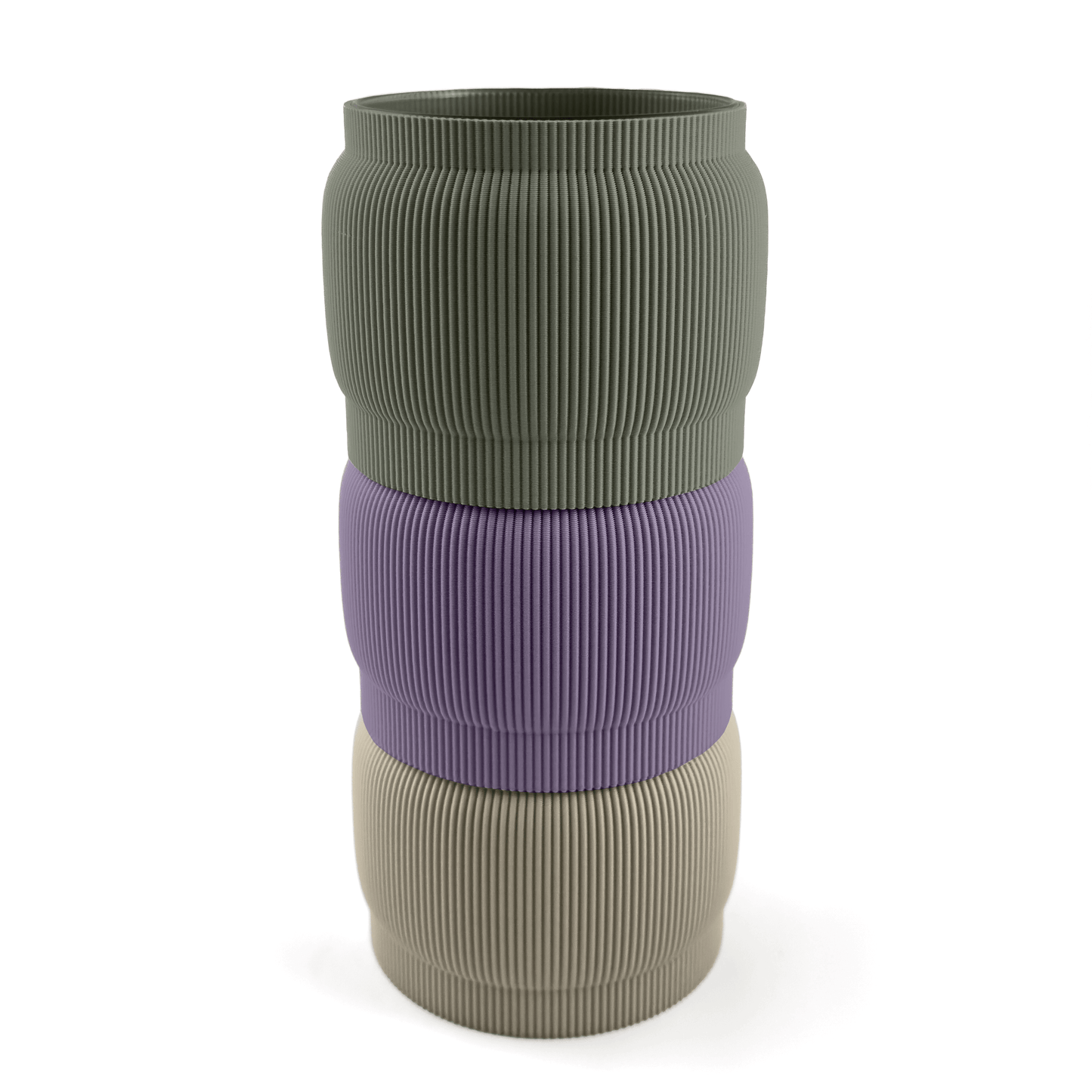 Individuell konfigurierbare Vase SORA aus dem 3D-Druck – Größe vase, Farben: Boden boden, Aufsätze aufsatz und lila. Ein modernes Highlight von Cranny, 3D-gedruckt aus PLA.